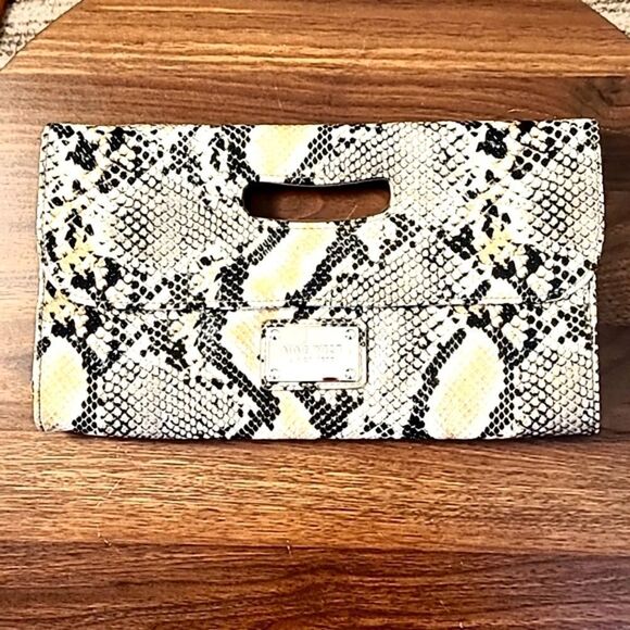 Nine West Snakeskin Textured Clutch with Finger Handle, Black, Tan, Beige - Picture 1 of 5